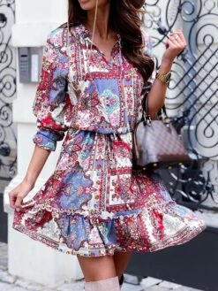 Women's Boho Dress Long Dress Maxi Dress Red Blue Purple Long Sleeve Print Print Summer Spring V Neck Casual Winter Dress Fall Dress Loose Fit Linen XS S M L XL 2XL 3XL