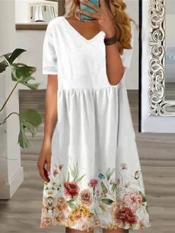 Women's T Shirt Dress Casual Dress Summer Dress Floral Butterfly Print V Neck Mini Dress Active Fashion Outdoor Daily Short Sleeve Loose Fit Light Pink White Yellow Summer Spring S M L XL XXL -BONIU Clothing Shop vmllbc1690523646112