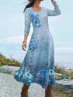 Women's T Shirt Dress Casual Dress Winter Dress Floral Print Crew Neck Midi Dress Fashion Streetwear Outdoor Daily Long Sleeve Regular Fit Blue Purple Green Spring Fall S M L XL XXL