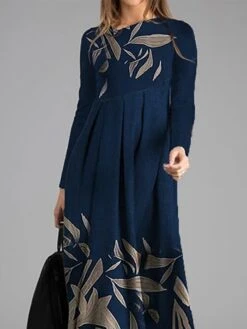 Women's Casual Dress Winter Dress A Line Dress Leaf Floral Ruched Patchwork Crew Neck Long Dress Maxi Dress Fashion Streetwear Outdoor Daily Long Sleeve Regular Fit Black Navy Blue Fall Winter S M L -BONIU Clothing Shop wbzfqs1694764401666