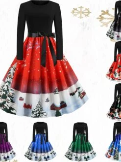 Women's Christmas Knee Length Dress Blue Purple Wine Gray Green Black Red Light Blue Long Sleeve Print Bow Print Fall Winter Round Neck Casual Vintage2021 S M L XL XXL