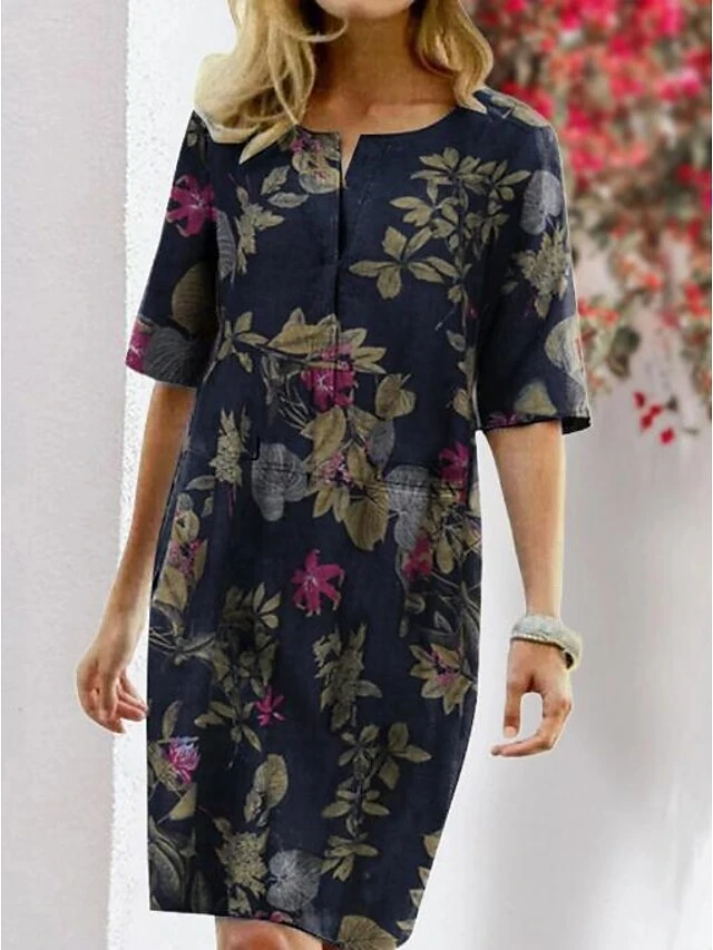 Women's Casual Dress Midi Dress Red Navy Blue Beige Half Sleeve Floral Patchwork Summer Spring Crew Neck Casual Linen S M L XL XXL 3XL 4XL 3 Women's Casual Dress Midi Dress Red Navy Blue Beige Half Sleeve Floral Patchwork Summer Spring Crew Neck Casual Linen S M L XL XXL 3XL 4XL