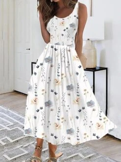 Women's Casual Dress Swing Dress A Line Dress Floral Print U Neck Midi Dress Active Fashion Outdoor Daily Sleeveless Regular Fit Black And White Black White Summer Spring S M L XL XXL -BONIU Clothing Shop ymkock1689830629998
