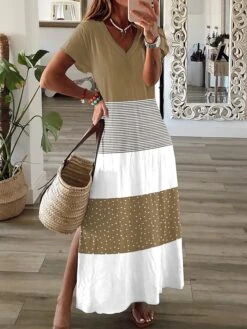 Women's Casual Dress A Line Dress Floral Dress Polka Dot Color Block Split Print V Neck Long Dress Maxi Dress Fashion Streetwear Outdoor Daily Short Sleeve Regular Fit Black Light Green Blue Summer -BONIU Clothing Shop ymkxhx1687152199820