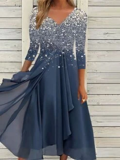 Women‘s Swing Dress Midi Dress Black Blue Purple 3/4 Length Sleeve Color Block Print Summer Spring Fall V Neck Mature 2023 S M L XL XXL 3XL 4XL 5XL