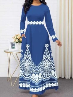 Women's Casual Dress Swing Dress Print Dress Floral Print Ruched Print Crew Neck Long Dress Maxi Dress Active Fashion Outdoor Daily Long Sleeve Regular Fit Red Blue Purple Spring Fall S M L XL XXL