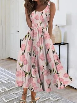 Women's Casual Dress Swing Dress A Line Dress Floral Print U Neck Midi Dress Active Fashion Outdoor Daily Sleeveless Regular Fit Black And White Black White Summer Spring S M L XL XXL -BONIU Clothing Shop zonxsc1689830628664